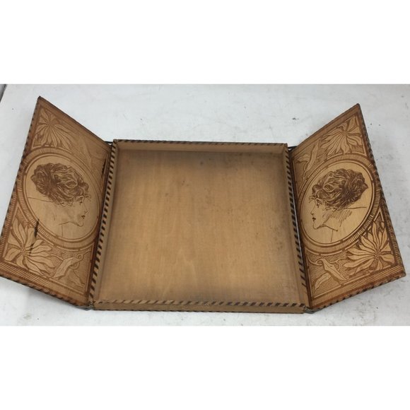 Other Vintage Old Pyrography Burnt Wood Dresser Box W 2 Doors Poshmark